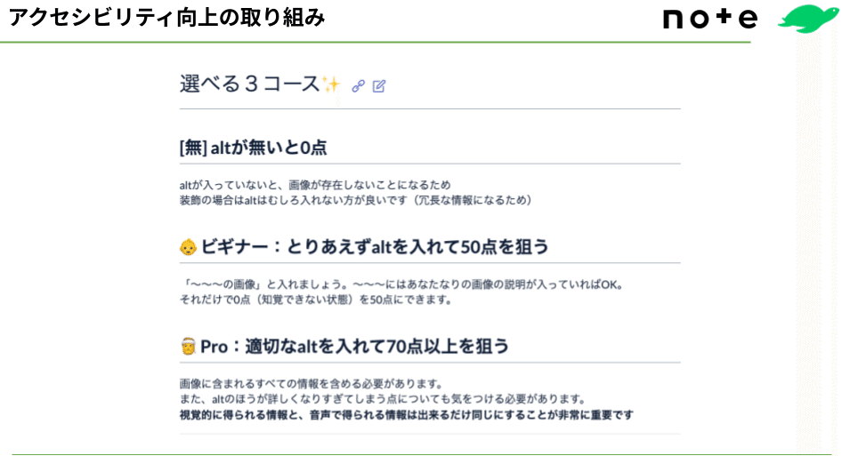 アクセシビリティ向上の取り組み　選べる3コース ①[無]altが無いと0点　②ビギナー：とりあえずaltを入れて50点を狙う　③Pro：適切なaltを入れて70点以上を狙う　キャプション「何をすればOKかがわかりやすい＆シンプルなステップだと、普段の業務フローに自然と組み込みやすいですよね」