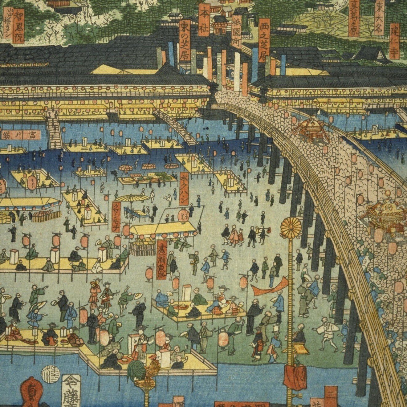 【河原夕涼み図】奥村石蘭 703 京都鴨川 四条納涼　掛け軸　肉筆 京都】四條橋河原夕涼｜mominaina