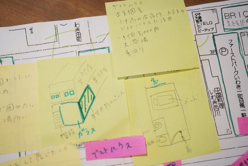 マップの拡大写真　ゲストハウスについての説明が付箋に書かれている