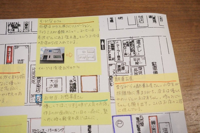 マップの拡大写真　モードなカフェ、駄菓子屋、お弁当お惣菜屋さんについて付箋に説明が書かれている