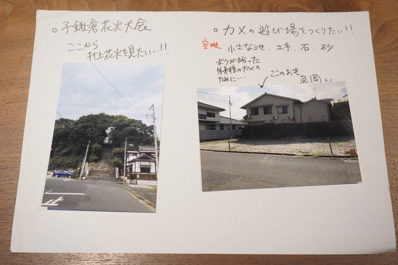 子鍬倉花火大会とカメの遊び場について、写真と共に説明が書かれている