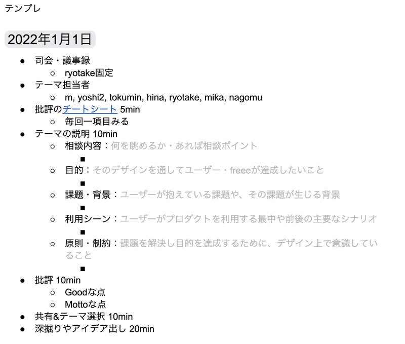 会のアジェンダが書かれたドキュメントのスクショ。司会・議事録、テーマ担当者、批評のチートシート 5min、テーマの説明 10min、批評 10min、共有＆テーマ選択 10min、深掘りやアイデアだし 20min　と書かれている