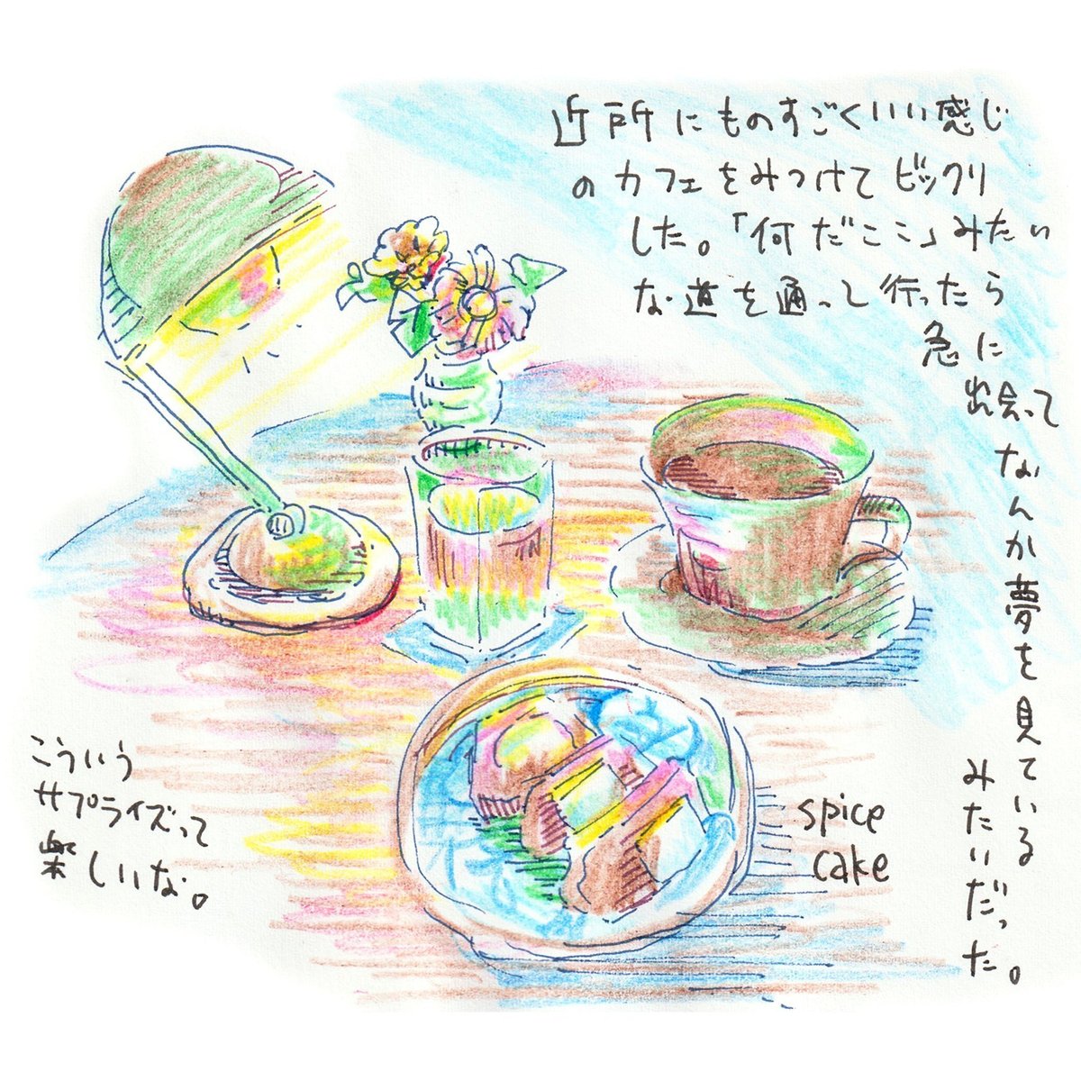 テーブルにコーヒーやケーキが並んでいるイラスト。近所にものすごくいい感じのカフェをみつけてびっくりした。「何だここ」みたいな道を通って行ったら急に出会ってなんか夢を見ているみたいだった。こういうサプライズって楽しいな。