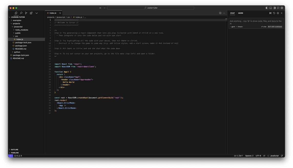 projects/javascript/src/ フォルダ内の index.js ファイルを開く