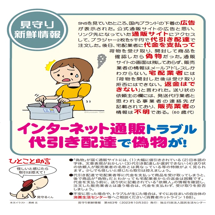 インターネット通販トラブル 代引き配達で偽物が！｜京都府消費生活