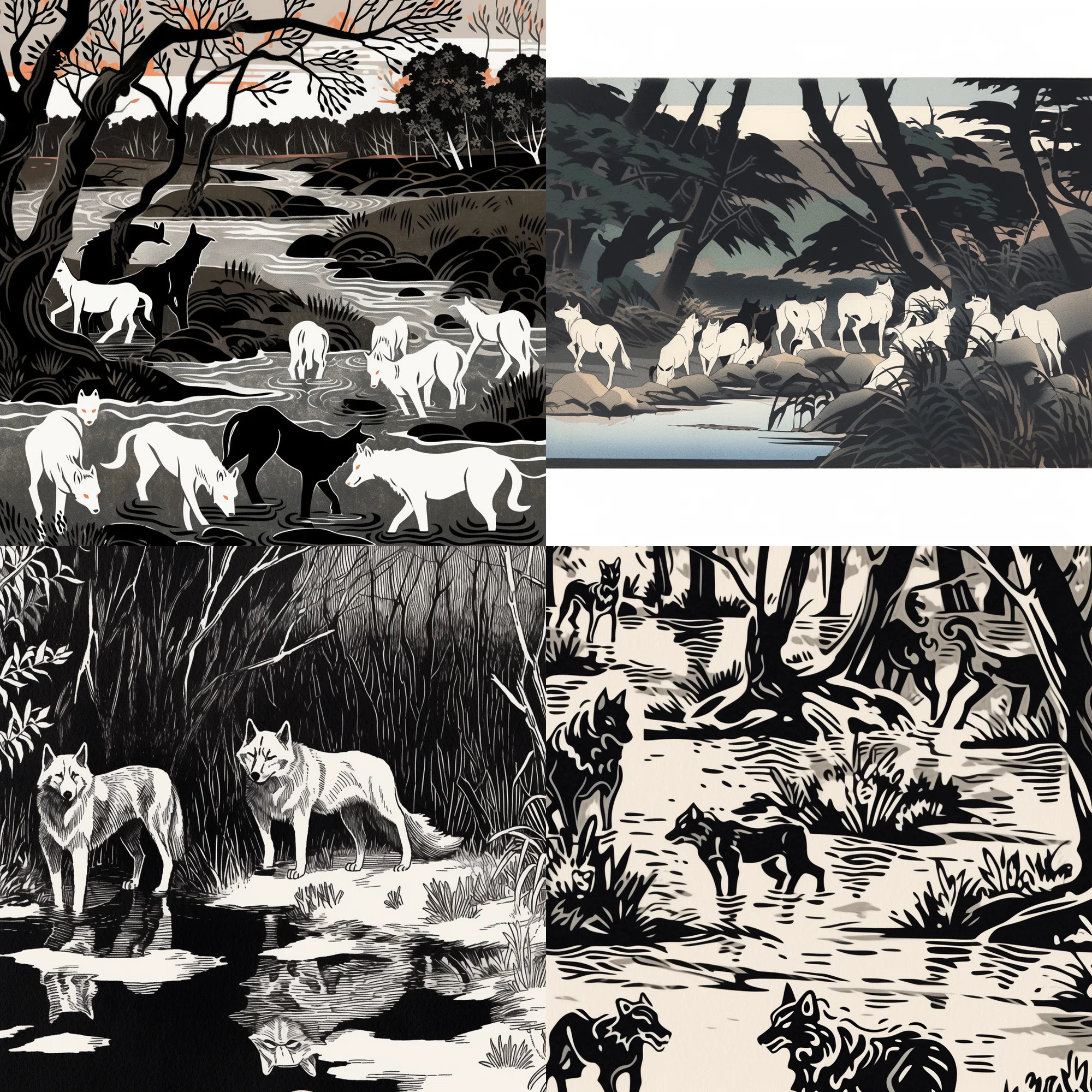 Animals in black and white【ヴィンテージ・木版画集】 AIイラスト『白オオカミの教え』挿絵｜みれのスクラップ