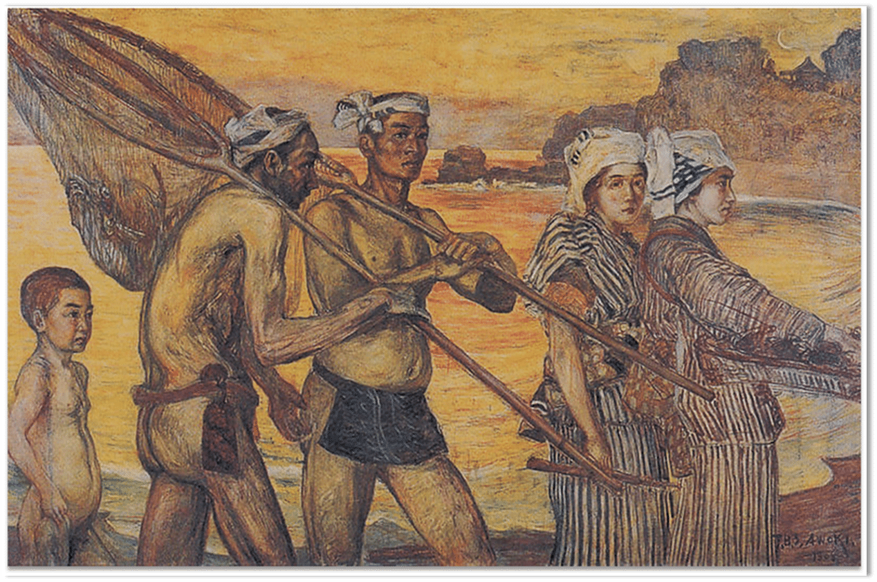 青木繁【漁夫晩帰】、年代物、希少画集画、状態良好、新品高級額装付