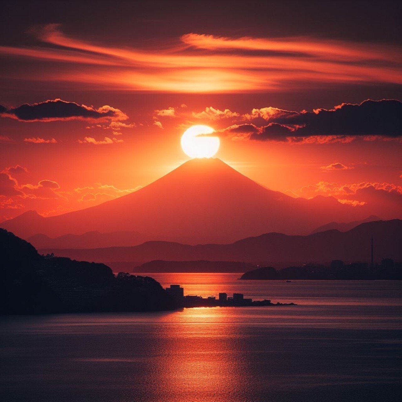 ★『また、明日』　絵画　原画　富士山　空　光　日没　夕陽　夕日　F3キャンバス 画像生成AIで「ダイヤモンド富士」に挑戦！｜画像生成と会話する