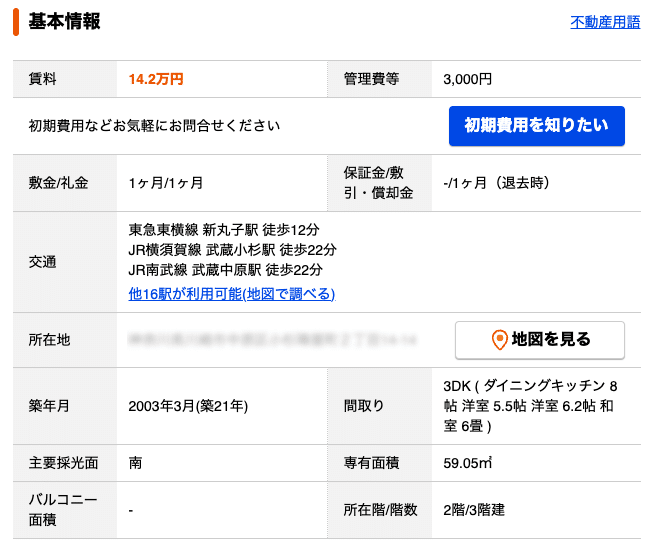 HOME'sのとある物件の基本情報