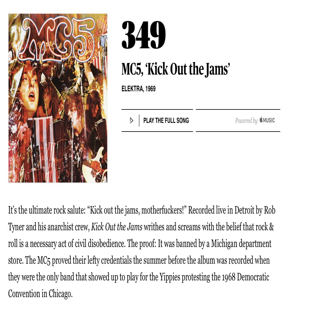 349位：MC5『Kick Out the Jams』（1969年）｜【ローリングストーン誌