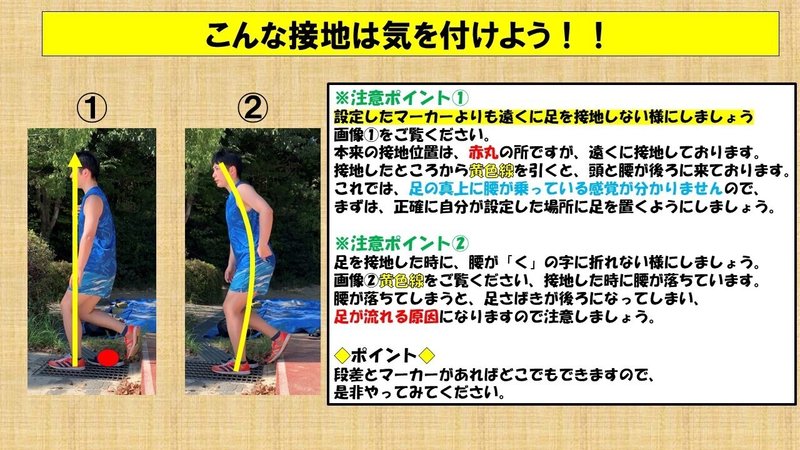 こんな接地は気を付けよう　注意ポイント　腰が落ちる　正しい走り方