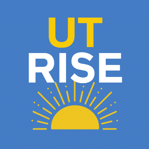UT RISEさんのロゴ。青い背景に、黄色い太陽が昇るデザインです。