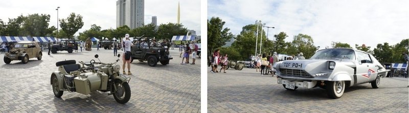 『第8回 防災フェア』で展示されていた自衛隊の軽装甲機動車や高機動車、偵察用オートバイと関東大震災当時の車
