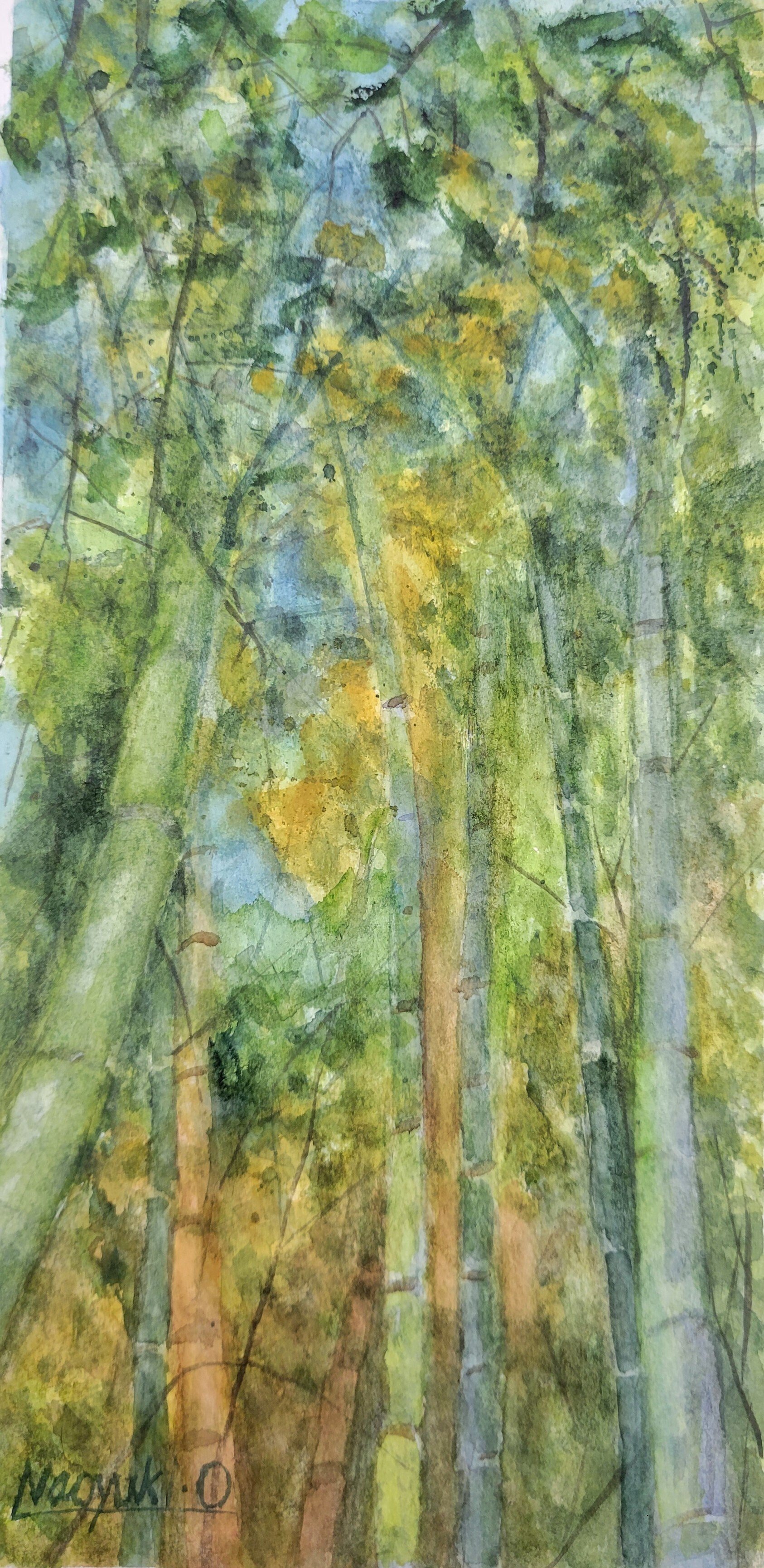 竹林・竹林を見上げて」（透明水彩5×30cm）｜おおもり なお【大森尚行】