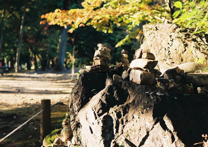 Pentax MEの撮影見本　その①　岐阜県多治見市の虎渓山永保寺の庭園内に石が重ねて置かれていました。後ろに少し紅葉した枝が写っています。このお庭は紅葉の名所です。