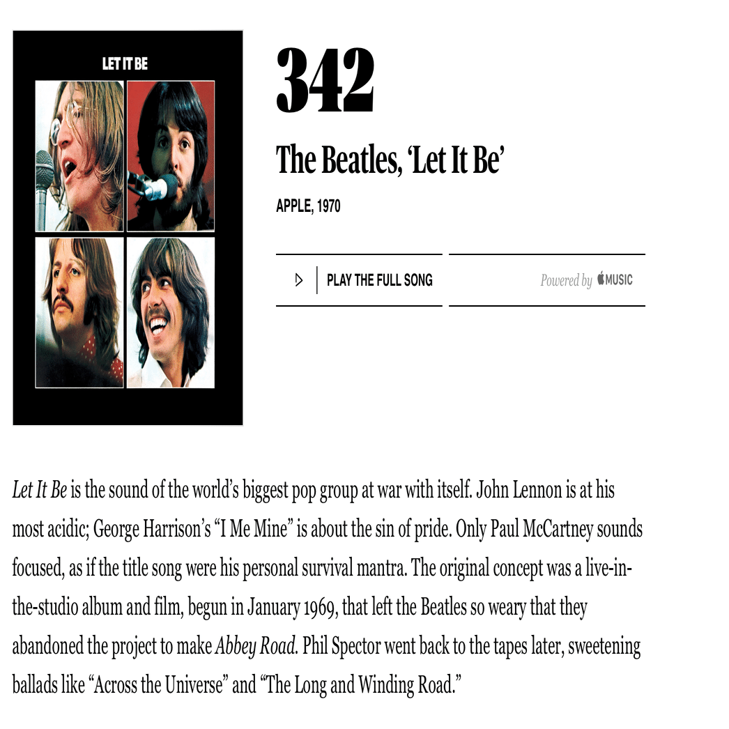 342位：ビートルズ『Let It Be』（1970年）｜【ローリングストーン誌が