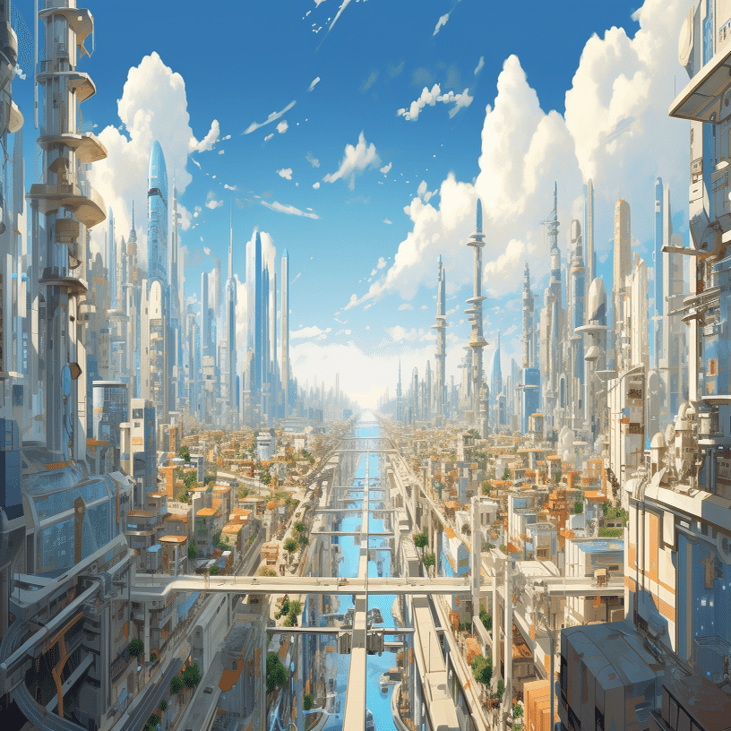 未来都市のパノラマ画像：Midjourney プロンプト｜AI情報誌 KENTO
