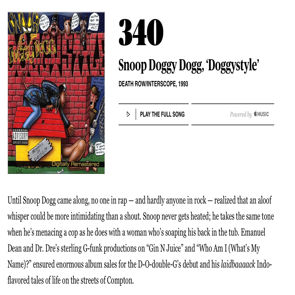 340位：スヌープ・ドッグ『Doggystyle』（1993年）｜【ローリング