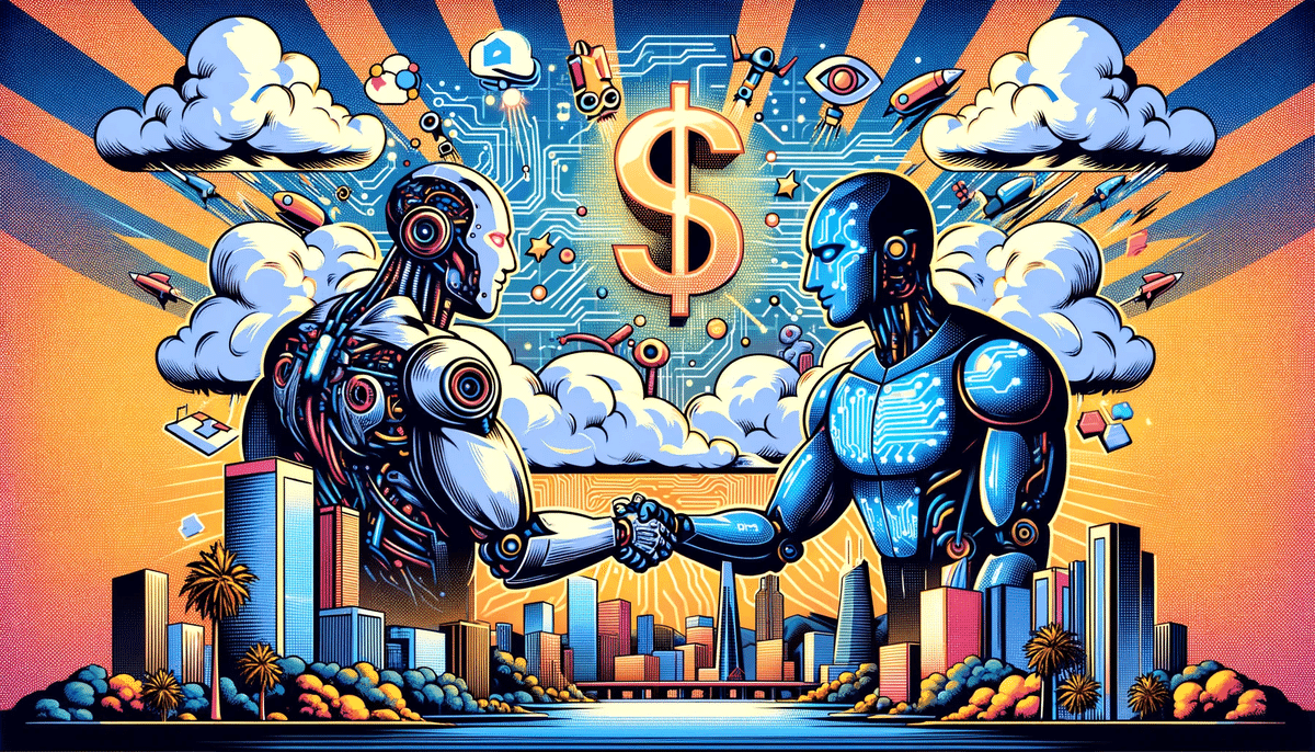 Create a wide illustration in the American comic book style depicting a futuristic California setting where two anthropomorphic robots are shaking hands against a backdrop of Silicon Valley. The robots represent advanced AI companies with one resembling a classic superhero and the other with a sleek, modern design, symbolizing the partnership between tech giants and AI startups. Incorporate elements such as cloud computing symbols, circuits, and binary code to indicate the theme of investment and innovation in the AI sector. Add dynamic lines to suggest movement and energy, and use bold, saturated colors to make the image pop, characteristic of comic book art. Include a subtle representation of a dollar sign in the clouds to indicate the significant investment deal. The scene should capture the essence of competition and collaboration in the tech industry.