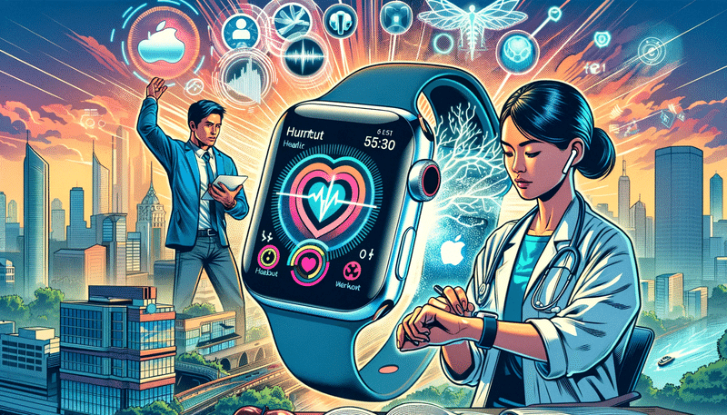 Illustrate an American comic style thumbnail for a blog article, featuring a dynamic scene with a futuristic cityscape background. In the foreground, depict a female Hispanic engineer analyzing an oversized, holographic Apple Watch interface, displaying health monitoring features like a heartbeat sensor and sleep tracking. Nearby, a male Asian audiologist is examining an enlarged AirPods model that is projecting sound waves to symbolize advanced audio tuning and hearing aid functions. Include holographic elements such as AI algorithms and personalized workout and nutrition recommendations floating around, all hinting at a high-tech future of health technology. The overall vibe should be cutting-edge and informative, with a touch of mystery about the coming advancements in AI health tech by Apple.