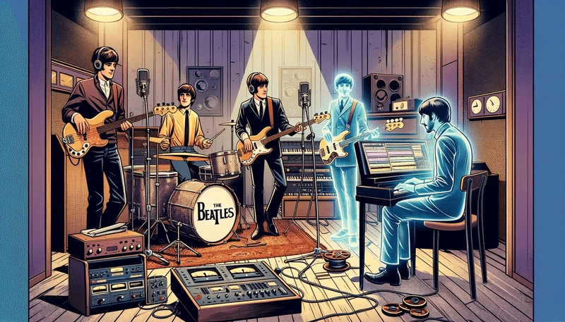Create an illustration in the American comic book style featuring four musicians in a recording studio. The scene shows a pair of musicians with modern attire, one playing bass and the other on drums, while the other two, wearing 1960s-inspired outfits, are at the piano and guitar. The studio is filled with vintage and modern musical equipment, showing a fusion of old and new technology, with tape reels and a computer displaying AI software. The atmosphere is one of collaboration and innovation, with a ghostly, semi-transparent figure at the piano to represent a past member being brought back through AI technology. Include a caption in bold comic font reading: 'The Beatles: Now and Then - Brought to Life with AI'.