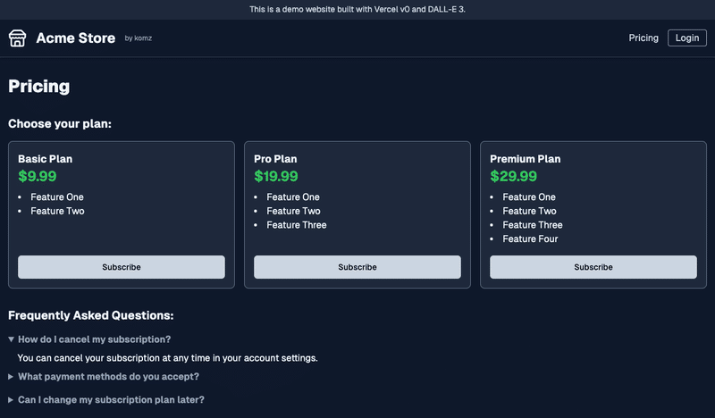 v0で実験的に作成した料金ページ with FAQ