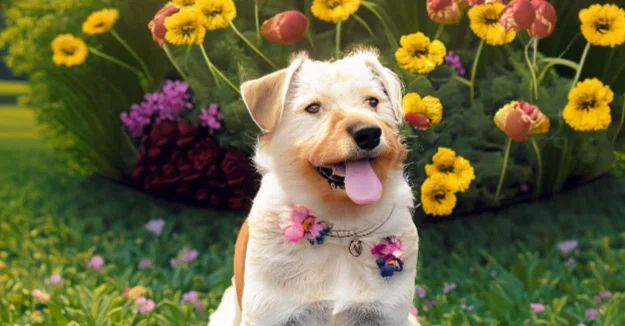 「犬 お花畑 遊んでいる」というテキストから生成した際の写真風画像