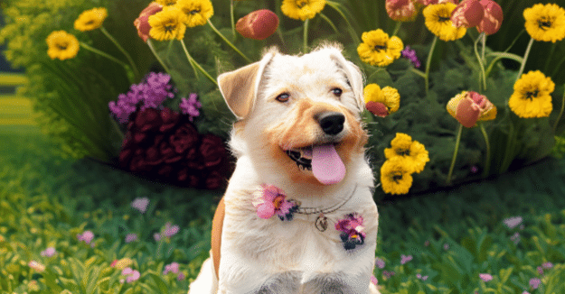 「犬　お花畑　遊んでいる」というテキストから生成した際の写真風画像