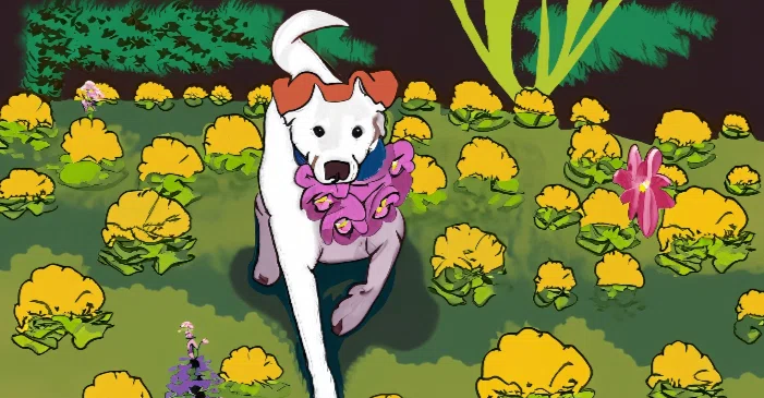 「犬 お花畑 遊んでいる」というテキストから生成した際のグラフィック風画像