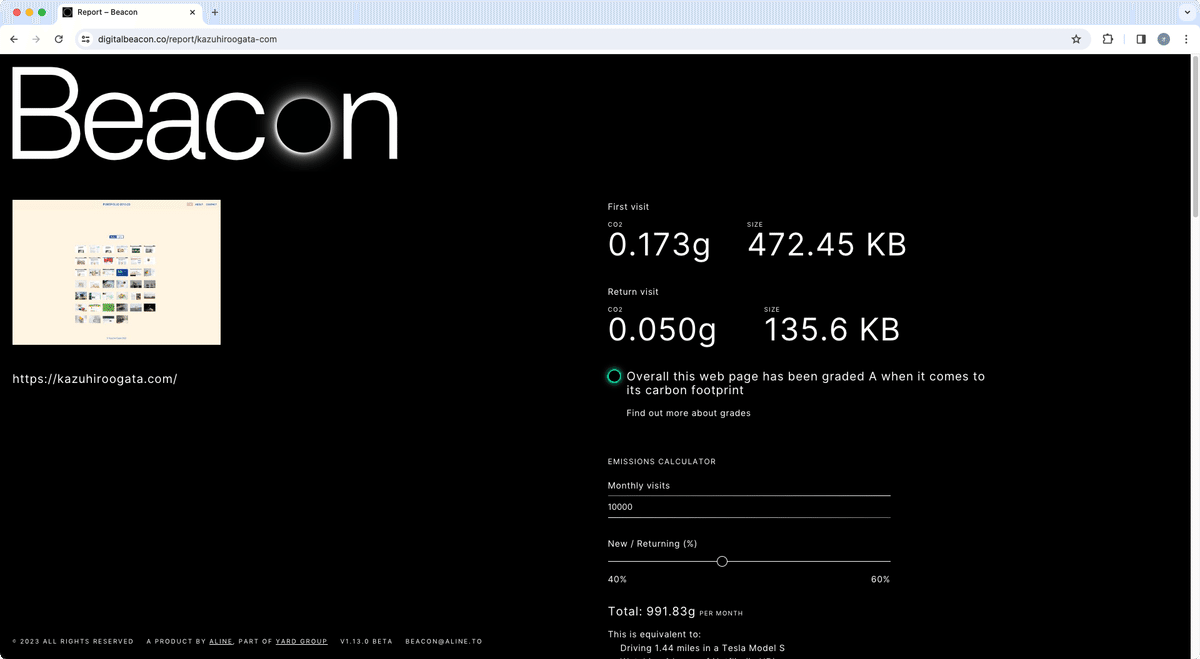 Beaconのサイトで表示される改善後の筆者ポートフォリオサイトの計測結果。CO2排出量は0.173gで、A評価。