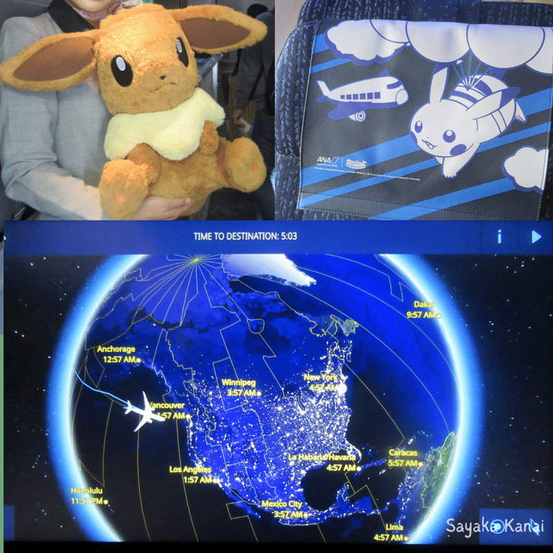 I've arrived in New York on a Pokémon-themed aircraft! ビジネスカンファレンス参加のため海外出張。イーブイのぬいぐるみに出迎えられて、入った機内にはピカチュウの座席カバーが。狭いエコノミーの席でも13時間のフライトを楽しみました。妄想ですが、”Please fasten your seatbelt.”（シートベルトを締めてください）のアナウンスに続いて  “Pi-ka-!” などとピカチュウの相槌も聞きたかった！