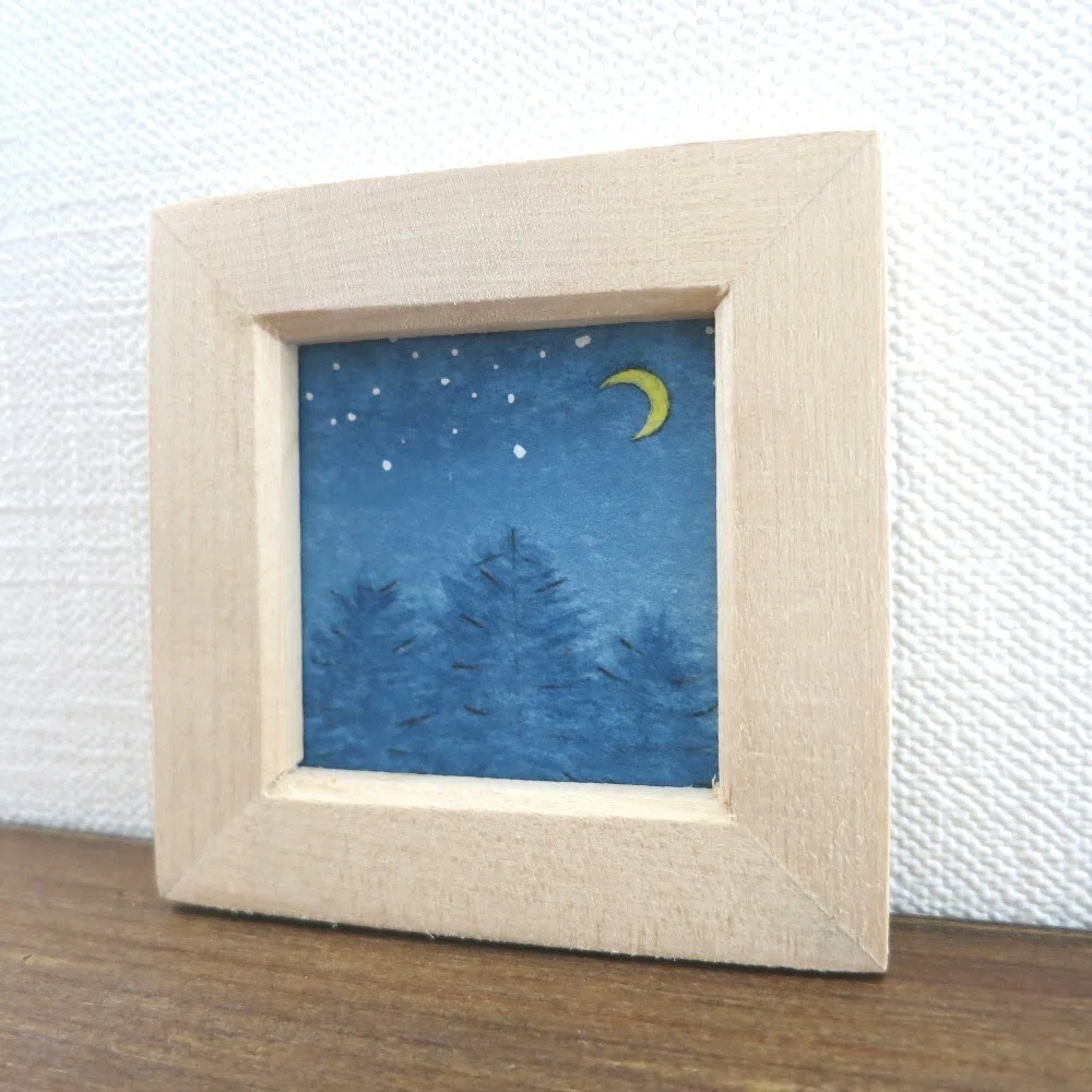 日本画原画】夜の森と三日月 絵画 ミニ額付き ミニアートパネル