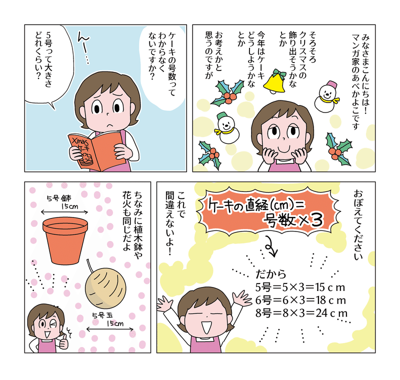 日記マンガ。ケーキの号数についてのマンガを描きました。今年は値段が高くなるのかなあ？むむむ…🙄ご参考に～😊#クリスマスケーキ #号数 #クリスマス #楽しみ #再掲載 #マンガ #マンガが読めるハッシュタグ 