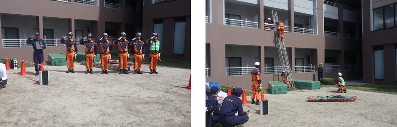 法務省矯正局特別機動警備隊による災害救助訓練実演で敬礼する隊員たちと実演する隊員たち