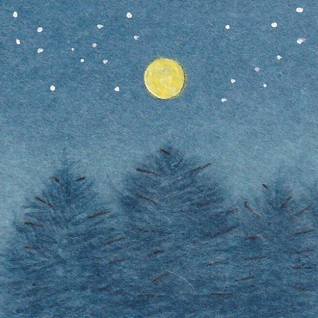 日本画原画】夜の森と満月 絵画 ミニ額付き ミニアートパネル