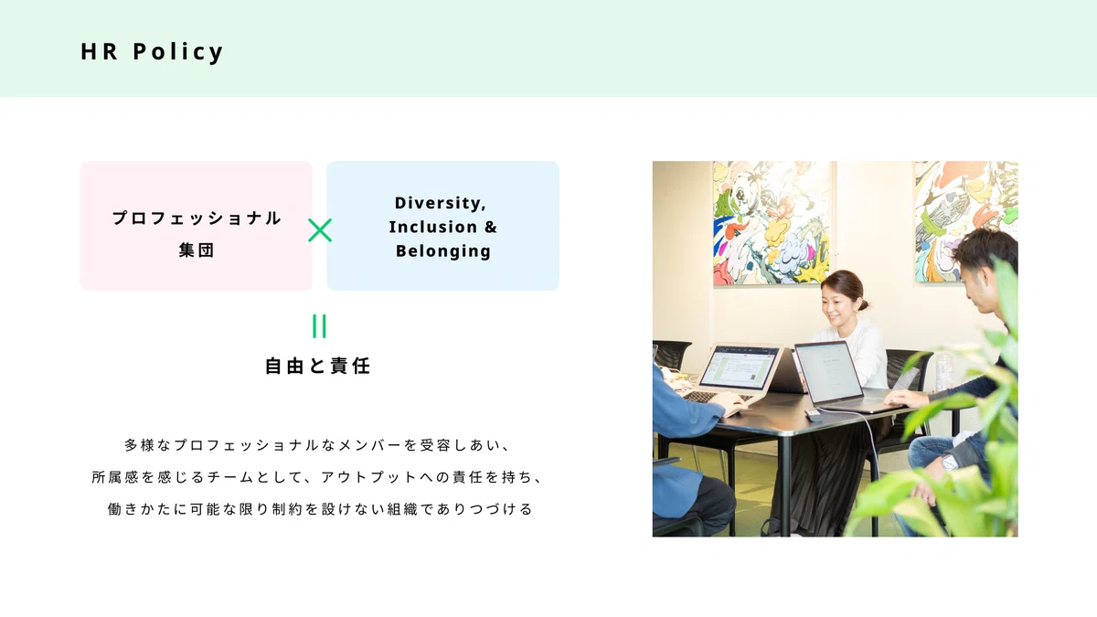 令和トラベルのHRポリシー「自由と責任」を紹介するスライド
