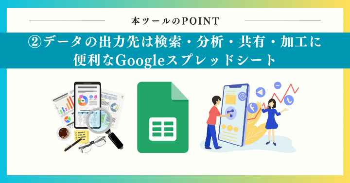 POINT2：データの出力先は検索・分析・共有・加工に便利なGoogleスプレッドシート