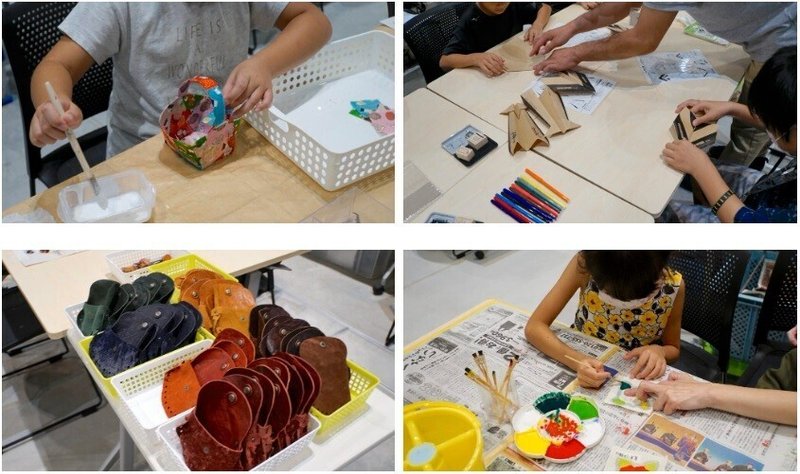 九州矯正展のパッチワーク籠作り教室や紙飛行機折り方教室、革小物製作体験、紅型コースター製作体験ブース
