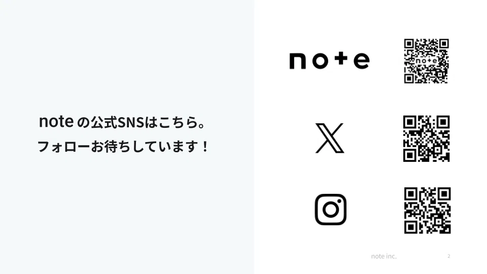 スライドのイメージ。noteの公式SNSはこちら。フォローお待ちしています!note noteのQRコード X XのQRコード Instagram InstagramのQRコード