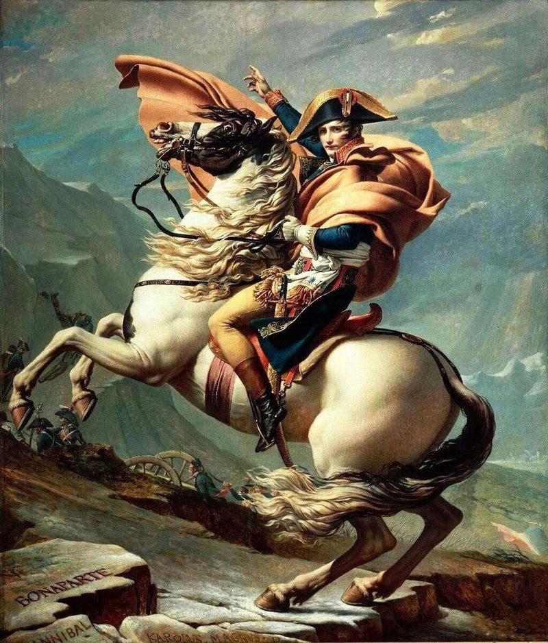 今日のアート占い 「自信がなくても堂々と振る舞うこと。人は見た目に騙されることがある。」  プロパガンダ用にナポレオン発注の絵画の1枚。 実際のアルプス越えは晴天の日のことであり、ナポレオン自身は軍隊に数日遅れてラバに乗ってガイドに案内されたそうです。 ほとんどの英雄の肖像画は脚色されていたりしますね。 時にはそれが大切なこともありますね。