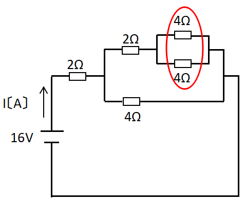 4Ω×2個の並列での合成抵抗を求める回路