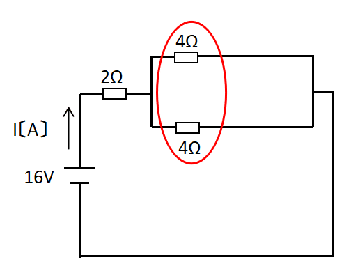 4Ω×2個の並列での合成抵抗を求めます。