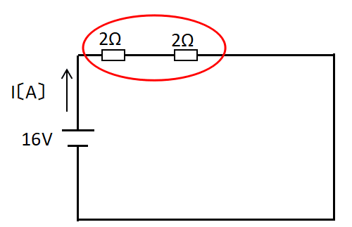 2Ω×2個の抵抗が直列にある場合の合成抵抗を求める回路