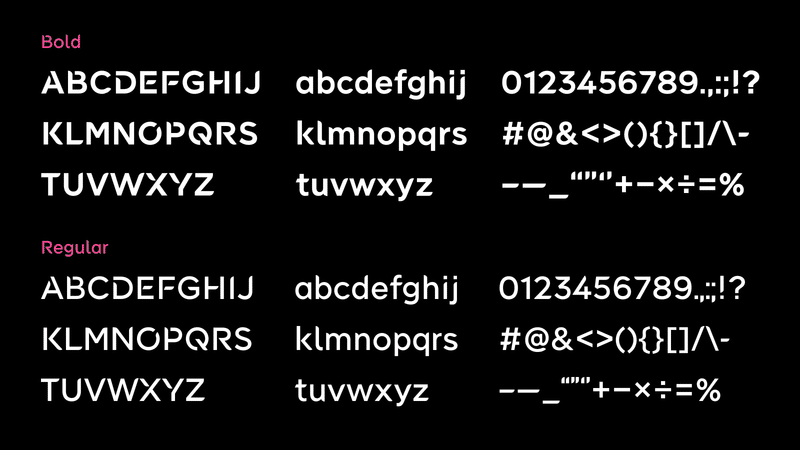 YUMEMI Sansの書体一覧。AからZの大文字／小文字と、0〜9の数字、33種類の記号が用意されている。上がBold書体で、下がRegular書体。