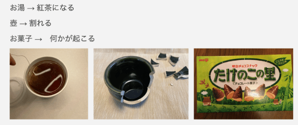 お湯　→　紅茶になる  壺　→　割れる  お菓子　→　何かが起こる？　というテキスト。紅茶、壺、お菓子の写真
