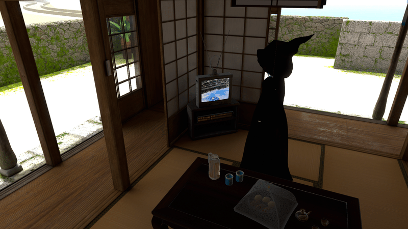 VRChatのワールド「雨端 Amahaji」、VRChat内自撮り、2023年12月3日夕方（日本時間）