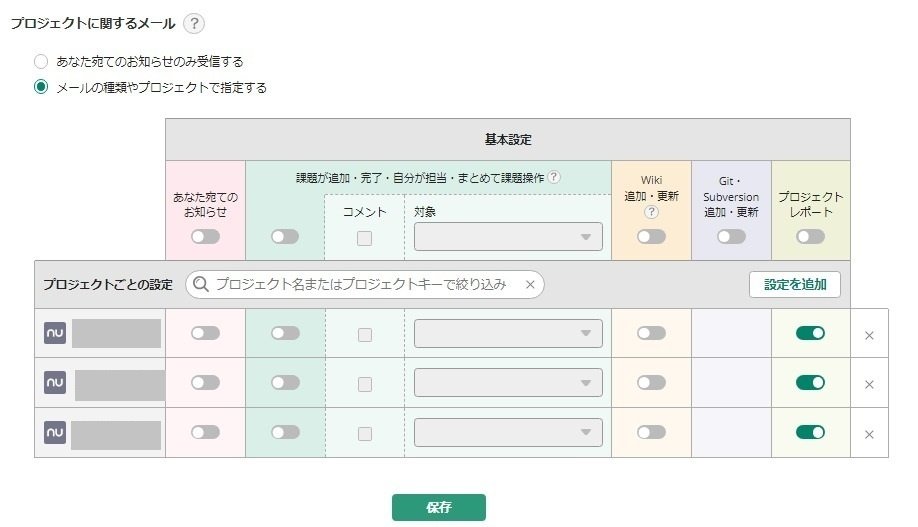 Backlog のメール通知の設定画面のイメージ