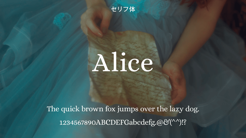 セリフ体、Alice、The quick brown fox jumps over the lazy dog.1234567890ABCDEFGabcdefg.@&(^^)!?