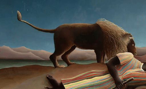 ライオンとライオンのメスのアート油絵額装つきエチオピア画家