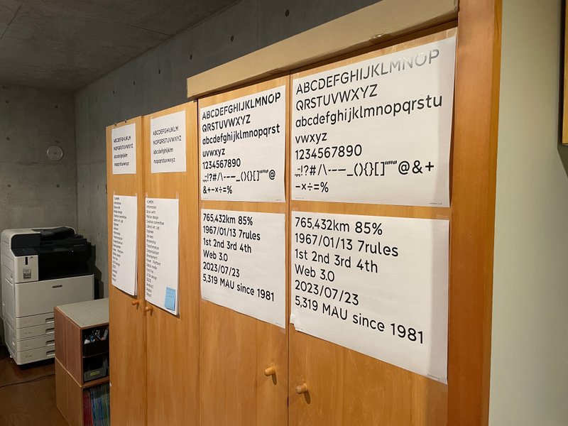 YUMEMI Sansのアルファベットや単語を印刷したものが、壁に貼ってある。